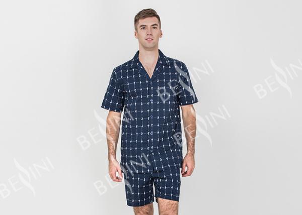 Navy Blue Mens Luxury Sleepwear Button Through Shirt And Short Pants Eco Friendly