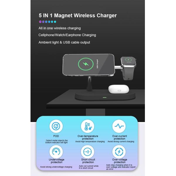 Стойка Ци быстрого Multi заряжателя функции 15w 5 In1 беспроводного магнитная