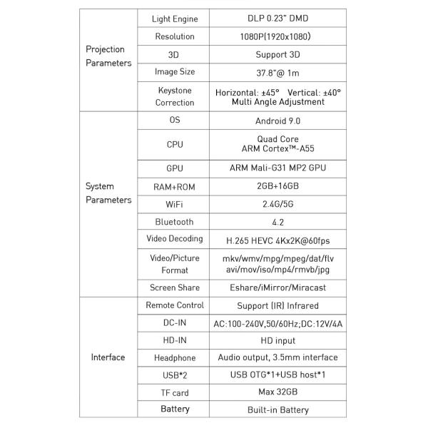 Flyin P12 1080P Max 4K Mini Proyector 9000mAh Batería Video al aire libre 400 ANSI Lumens Android 9 2GB/16GB Proyector 3D de enlace DLP