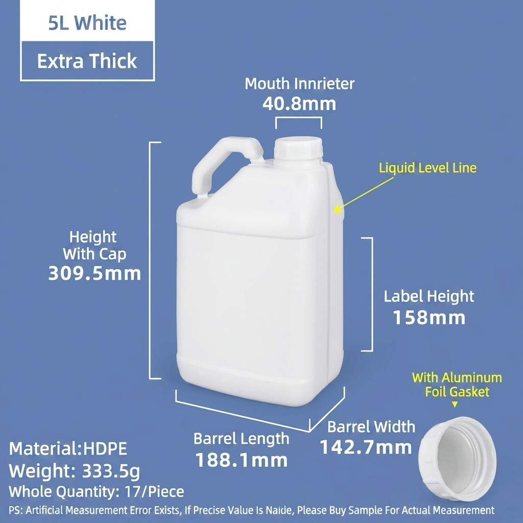 5 Liter Plastic Square Jerry Can HDPE Packaging Container with Aluminum Foil Liner ,Enlarged Handle, Visible Level Line and Spiral Cap for Coatings and Solvents
