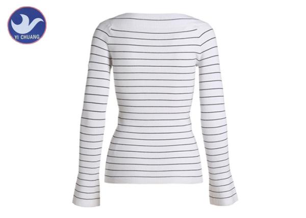 Big V Neck Womens Knit Pullover Sweater Ribs Stripes Small Trumpet Cuff  Spring Knitwear