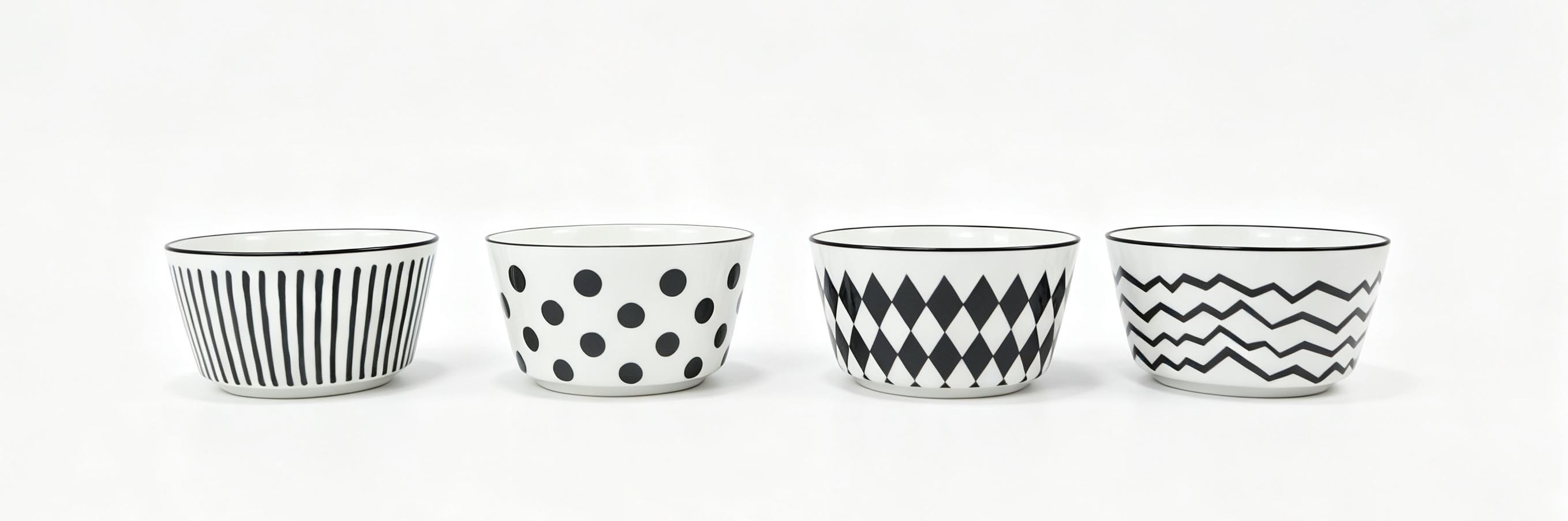 Black & White Geometric Ceramic Bowl Set of 4, Stripes Polka‑Dot Diamond Chevron Serving Bowls