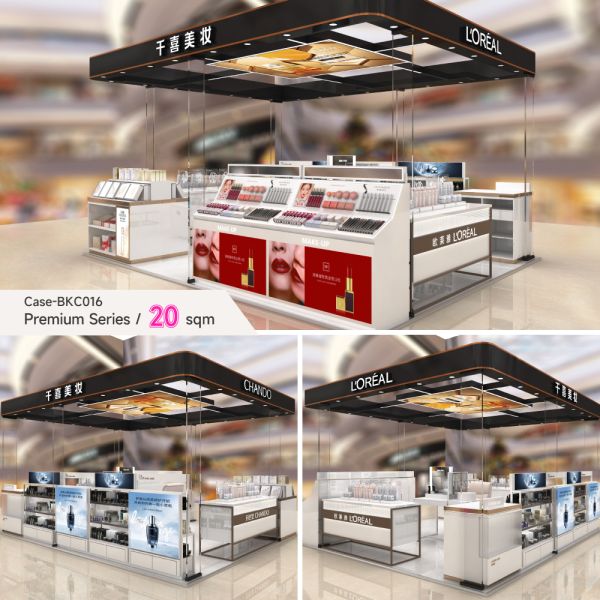 Cosmetic Retail Display Kiosk Design Gondola Shelving Double Sided