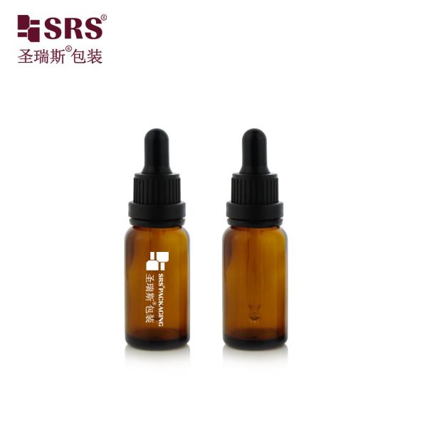 D005 Logo imprimé en ambre Impression par écran de soie Noir caoutchouc plastique épaule gouttelier Couvercle Bouteille en verre pour l'essence capillaire