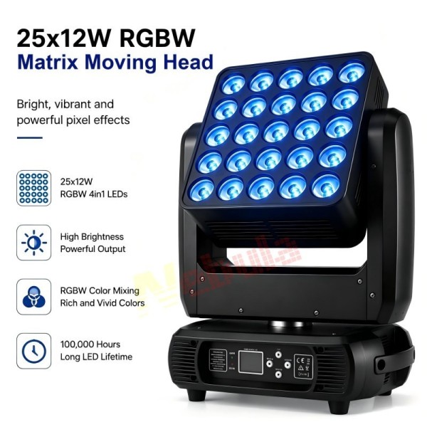 25x12W RGBW LED Matrix Moving Head Light 4in1 Pixel Wash Beam Effect