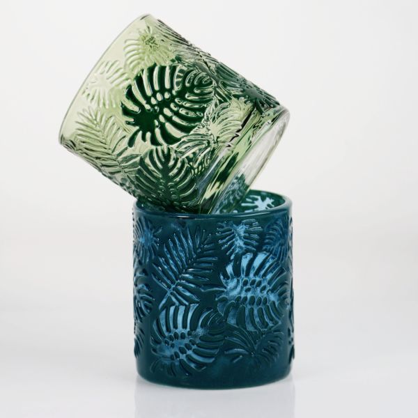 Embossed Tropical Monstera Leaf Glass Candle Holder with 200ml Capacity in Lead-Free Crystal Glass