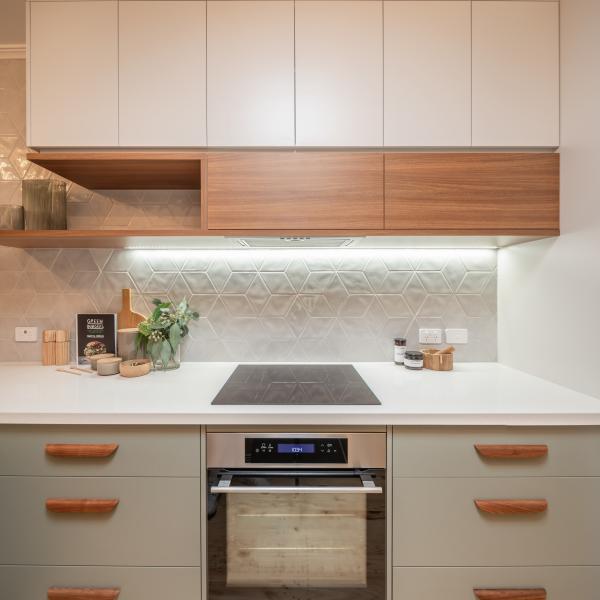 Stylish Celadon Color Lacquer Kitchen Floor Cabinet With Wooden Texture Wall Cabinet