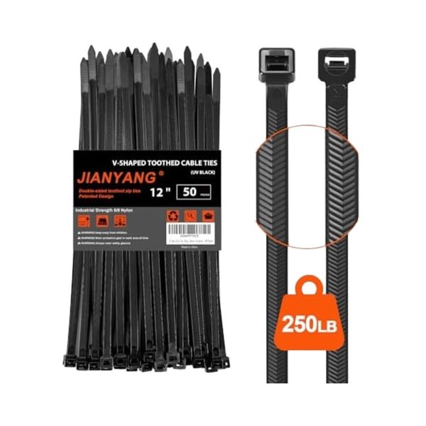 250 LBS Tensile Strength 12-Inch V-Shaped Double Sided Toothed Nylon Cable Ties