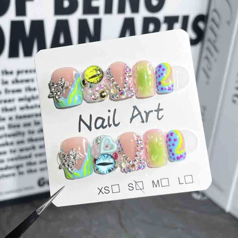 Short Square Y2K Colorful Handmade Press On Nails 3D Eye Star Rhinestone Wholesale