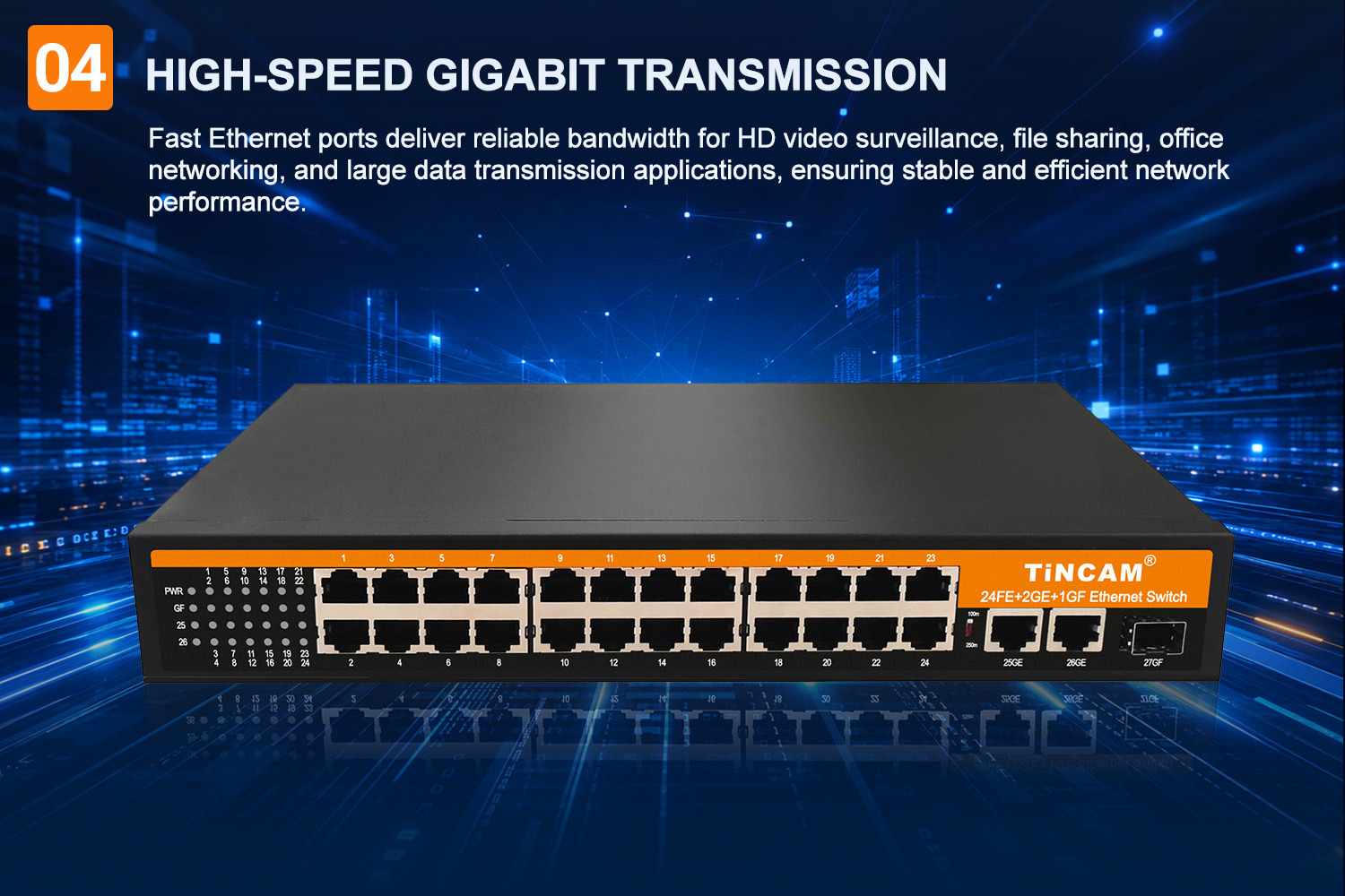 27 Port Fast Ethernet Switch 24 X 10 100Mbps RJ45 2 Gigabit RJ45 Uplink 1 Gigabit SFP Fiber Port Unmanaged Metal Network Switch TBC S4124N 3PF