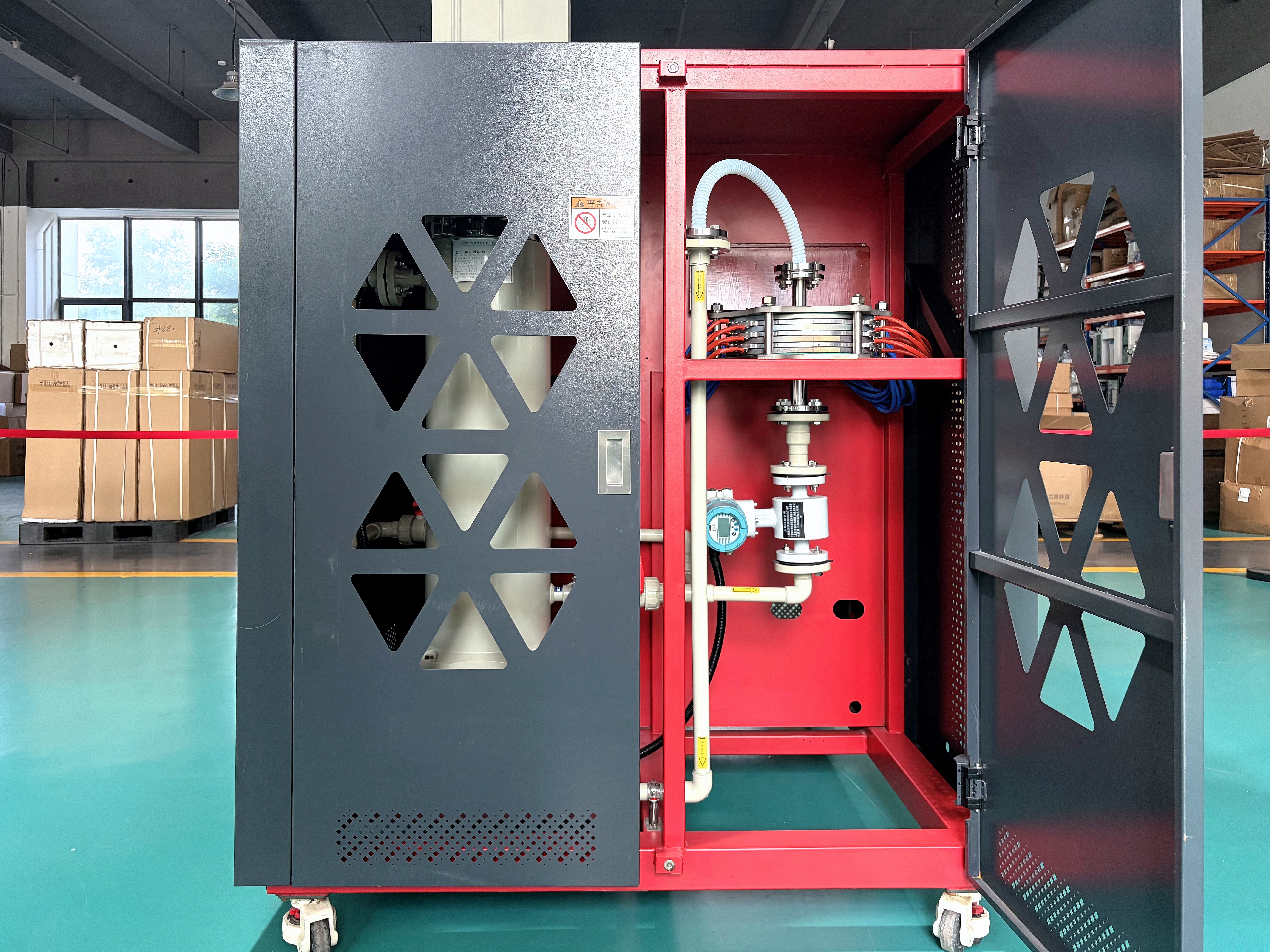 Electrochemical landfill leachate wastewater treatment equipment. No chemicals are required, no residual solid waste is generated, and the electrodes do not scale or clog.