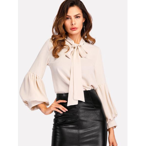 Tie Neck Balloon Sleeve Elegant Ladies Blouse