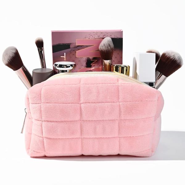 Pink Purple Yellow White Puffer Travel Organizer Soft Quilted Plush Makeup Brush Cosmetics Pouch Pink Puffy Toiletry bag