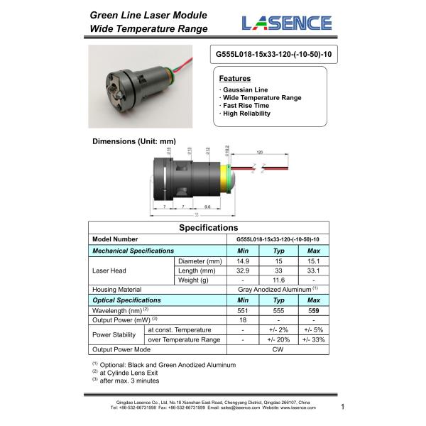 555nm Line Laser Module for Max Operating Current 430mA in Industrial Applications