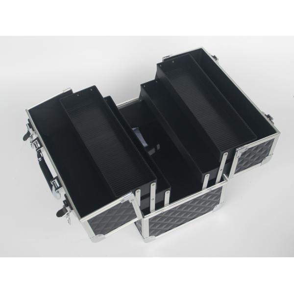 PVC Makeup Case Four Trays Black Aluminum Cosmetic Case With Strong Handle