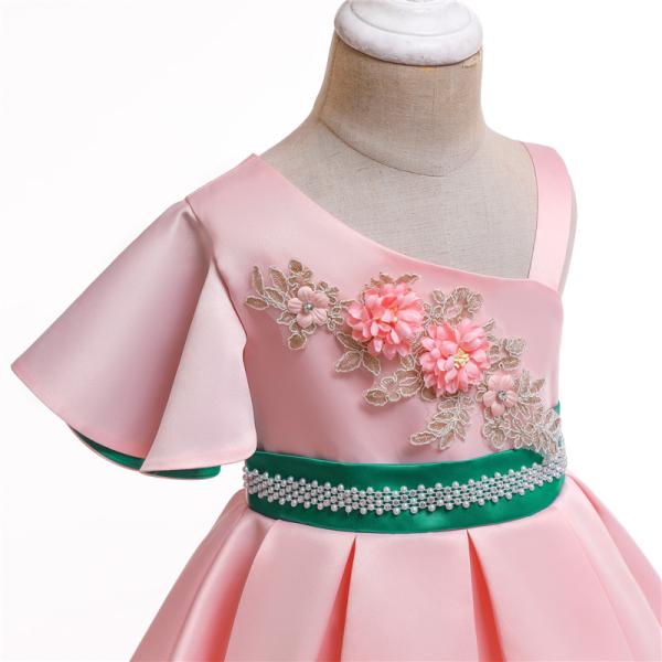 Fashion Single Sleeve Flower Girl Dress Single Shoulder Green Pearl Belt Dress Christmas Vestido Kids Dresses For Girl