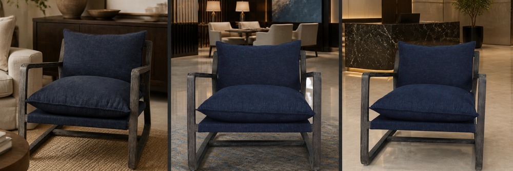 Contemporary Navy Lounge Chair with Open Solid Wood Frame LG-5004