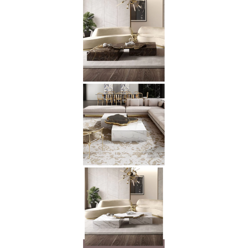 Luxury Dark Emperador Marble Coffee Table With Organic Gold Brass Bridge Natural Stone Block Center Table for Villa Hotel Lobby