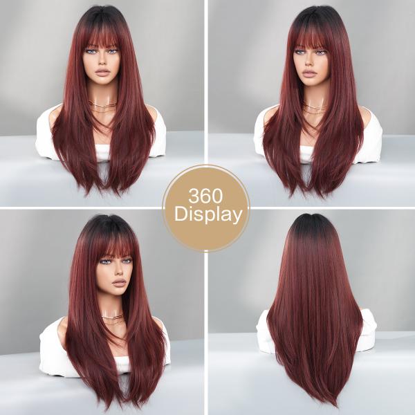 Fashion Long Straight Dark Root Hair Black/Auburn Synthetic Wigs For Women