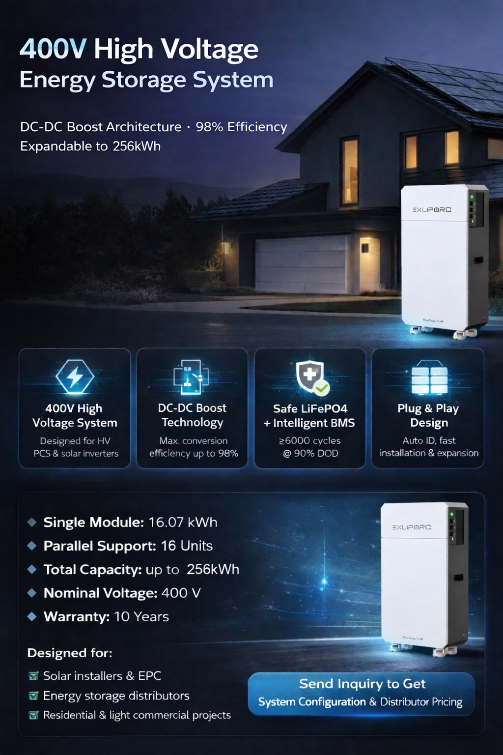 400V High Voltage Modular Energy Storage System IP65 16kWh Expandable to 128kWh for Residential Solar