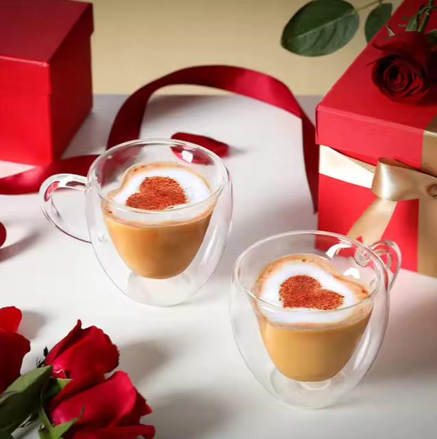 Clear Heart Shape Double Insulated Glass Mugs High Borosilicate Glass Coffee Mug