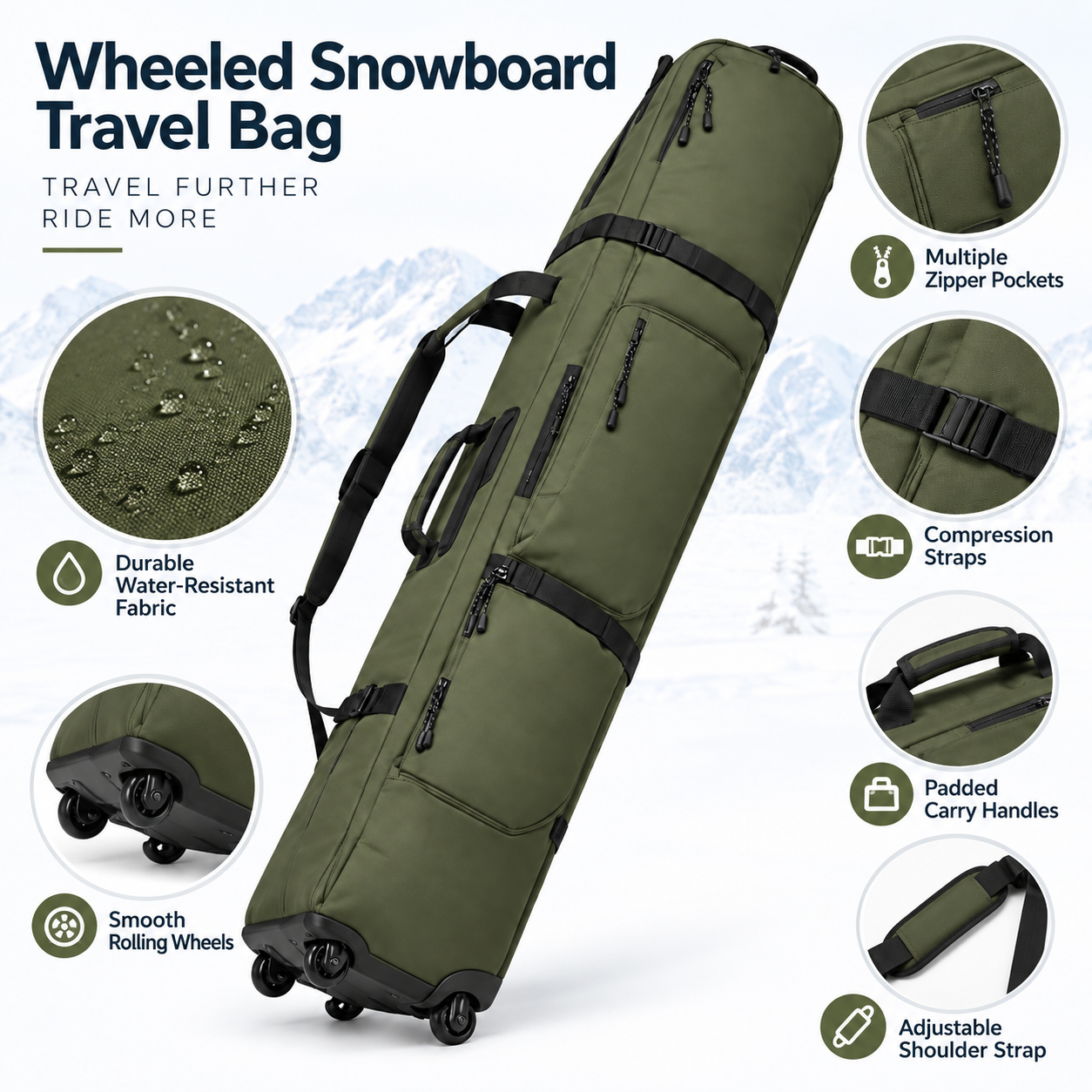 Custom OEM ODM Wheeled Snowboard Travel Bag – Padded Waterproof Snowboard Roller Bag with Smooth Wheels, Shoulder Strap & Accessory Pockets