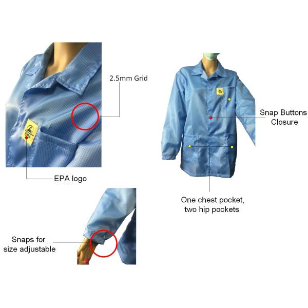 Rejilla disipante estática de las chaquetas 2.5m m del ESD blanca y azul para el sitio limpio de EPA
