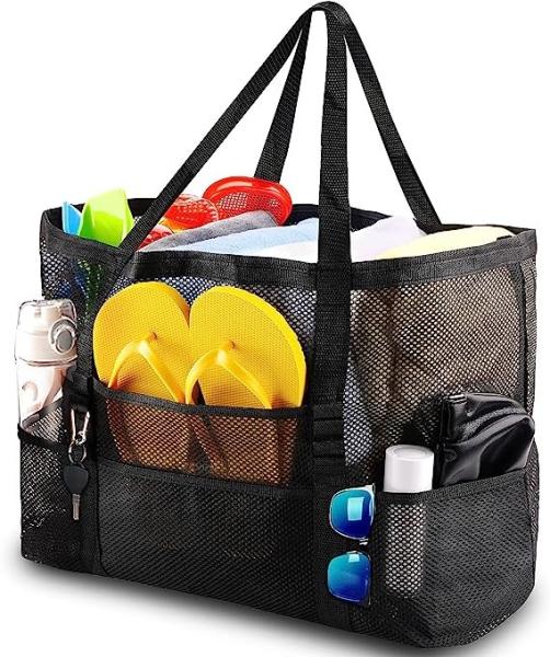 Mesh Beach Bag, Extra Large Beach Bags with 9 Pockets & Zipper Waterproof Lightweight Beach Tote for Beach/Pool Trip