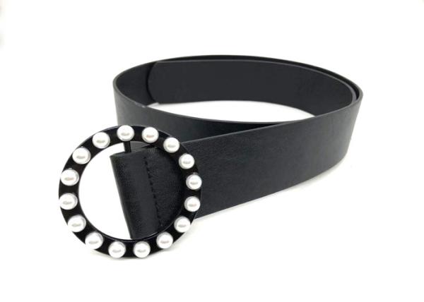 Black Women's Fashion Leather Belts With Round Pearl Buckle 4.5cm Width
