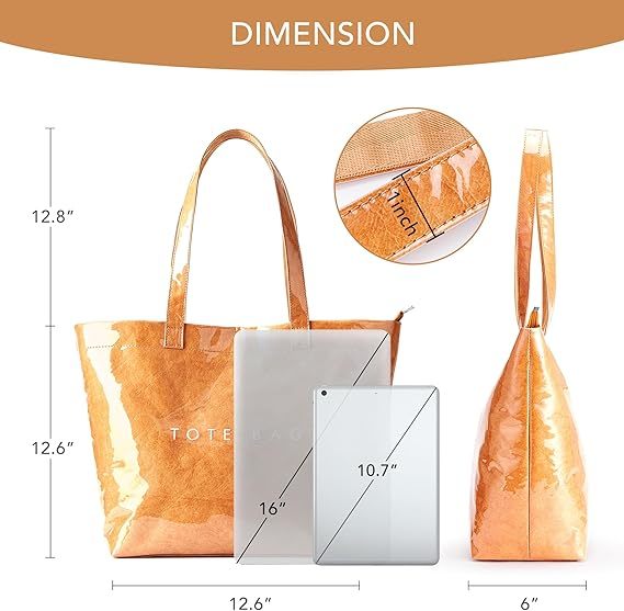 Fashion Casual Street Reusable Environmental Handbag Zipper Tote Bag, Kraft Paper Beach Bag Large Hobo Carry All Travel Shopping Handbag Plastic Shoulder Bag