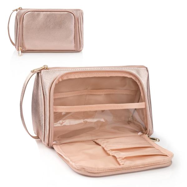 Bolso portátil de maquillaje de toallas de cuero rosa dorado PU bolso de viaje a medida a prueba de agua
