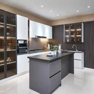 Armários de cozinha modulares personalizados do MDF da melamina preta do projeto moderno