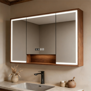 Kingstin Wood Grain Stainless Steel LED Bathroom Mirror Cabinet with Open