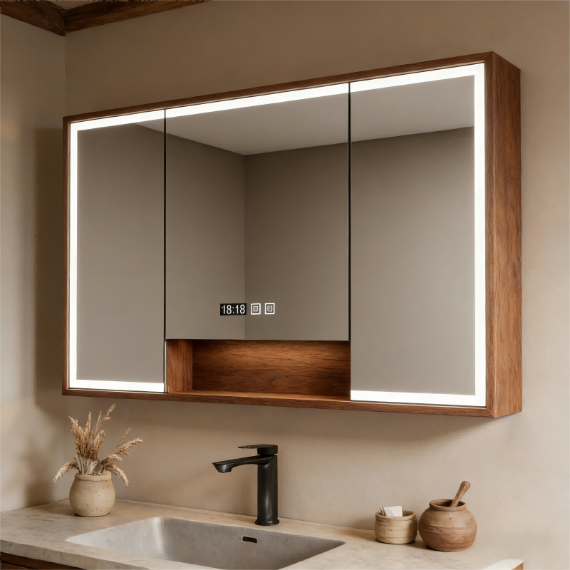 Kingstin Wood Grain Stainless Steel LED Bathroom Mirror Cabinet with Open Storage Shelf & Touch Control Light