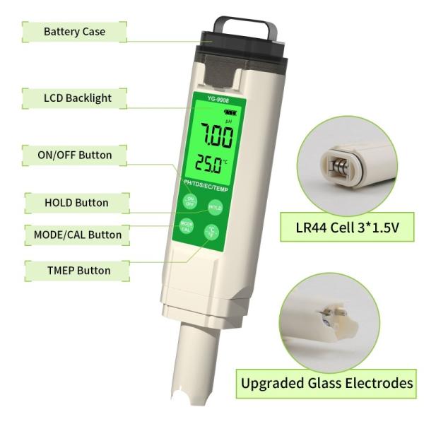 PH TDS EC TEMP Tester Pen バックライトディスプレイ付きの水質検査器