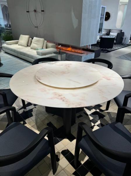 Elegant Tuscan Style Round Dining Table in Natural Marble Stone with White Pink Gray Veins for Modern Luxury Spaces