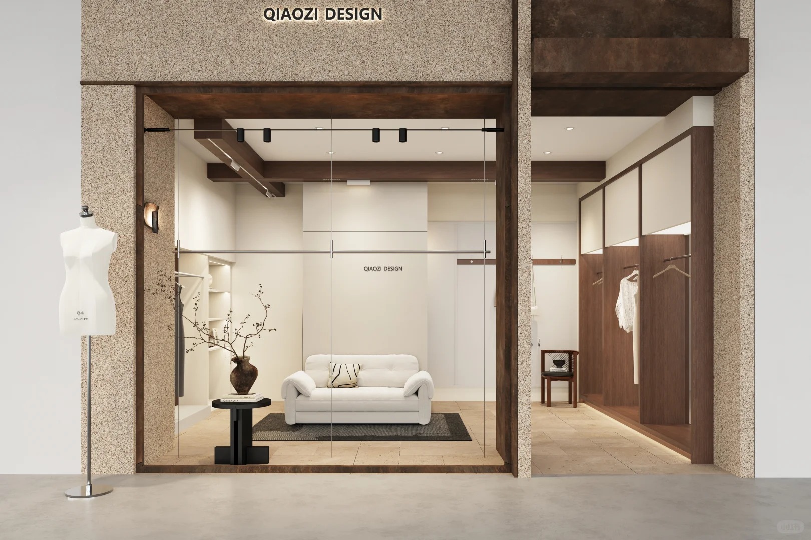 Dark Walnut Wabi Women Clothing Store Interior Design | Minimal Neutral Ladies