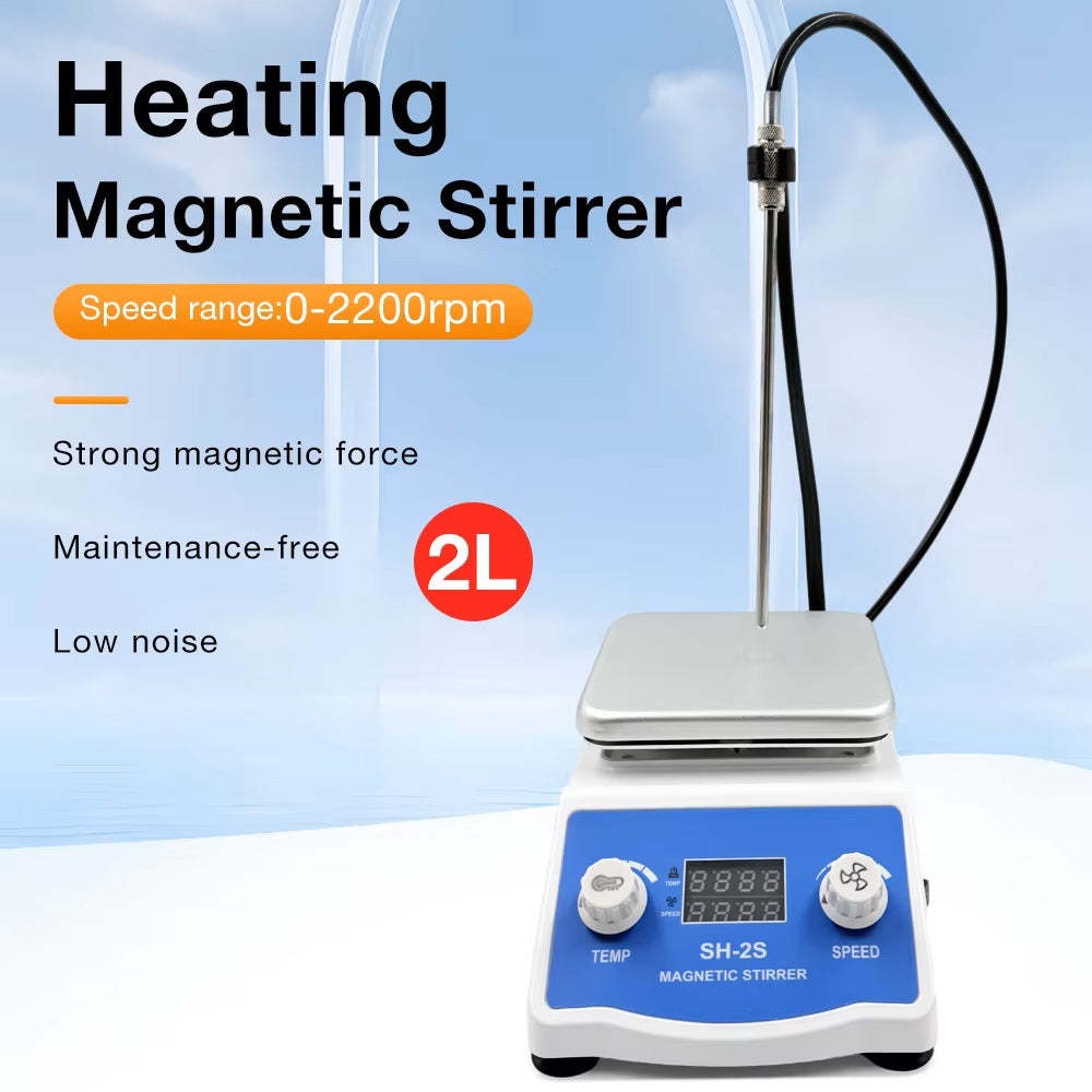 SH‑2S Digital Hotplate Magnetic Stirrer With Temperature Probe & Stainless‑Steel Support Stand, 2L Capacity, Heating & Stirring Laboratory Mixer for Reagent & Solution Mixing