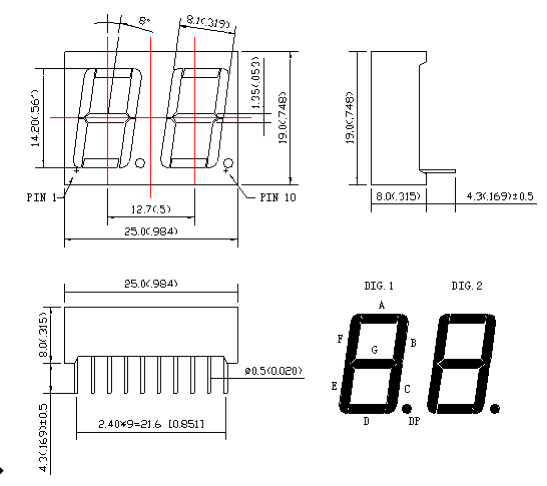 0.56 Inch 1 Bit Dual Digit 7 Segment LED Displays 2.8V 660nm Wavelength 10 pin 7 segment display cathode led screen