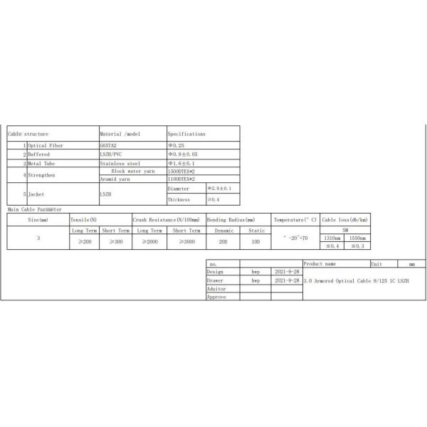 White 1 Core Indoor Outdoor Armored Fiber 1km 3.0mm Stainless Steel G.657A2