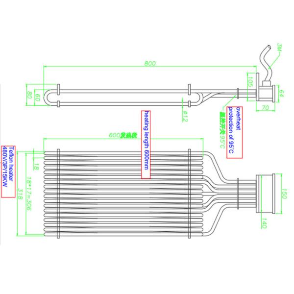 кипятильник тефлона трубки 480V 600mm Multi, промышленная вертикаль кипятильника