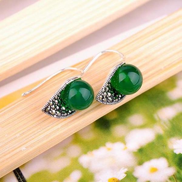Thai Vintage Sterling Silver 10mm Round Green Agate Hoop Earrings (E11061GREEN)