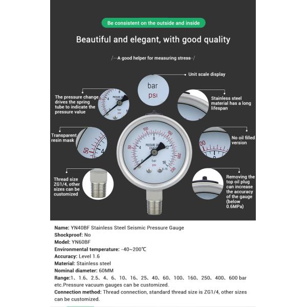 16bar 2.5-inch NPT1/4 Thread Connection 304ss Stainless Steel Pressure Gauges for Outlet