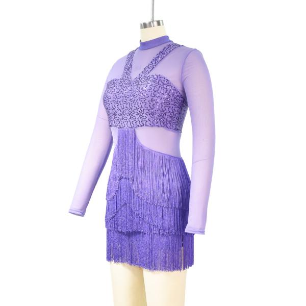 Long Sleeves Stunning Tap Costume Rows Fringes Mock Neck Dance Dress Performance Wear
