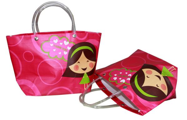 Reusable Orange PP Woven Shopping Bags With Transparent PVC Handle, Danceing Girls Pattern