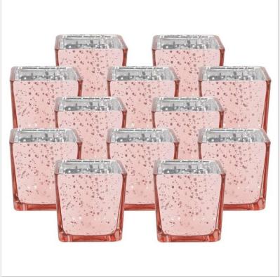 Speckled pink rose gold square tube shape Mercury Glass Votive Candle Holder