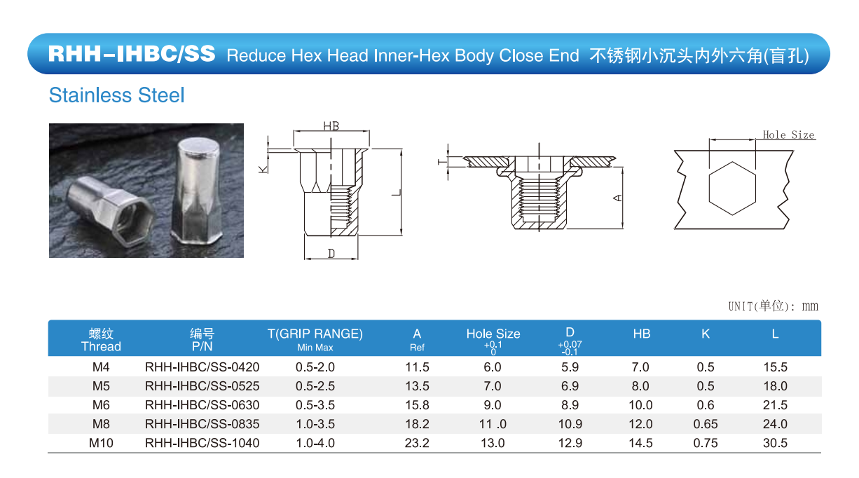 Reduced Head Inner Hex Body Closed End Rivnuts Stainless Steel Countersunk Design