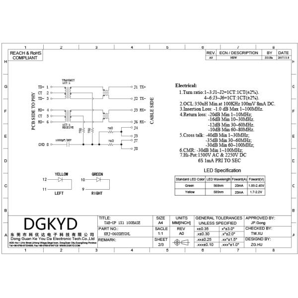 Single Port Tab Up 100 BASE Magnetic RJ45 Jack Module With LEDS