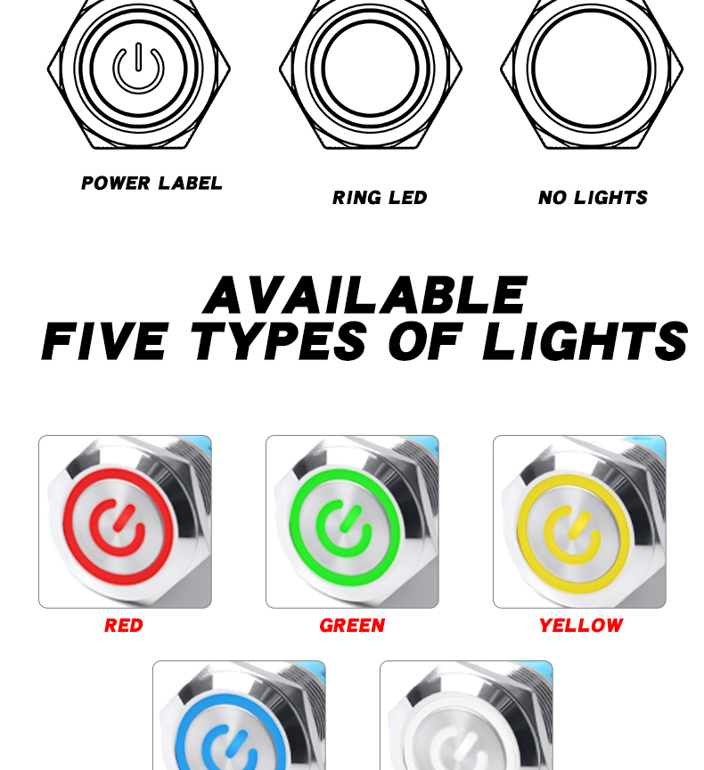 19mm IP67 Waterproof Aluminum 1NO Push Button Switch LED Light (2/3-Color) Silver/Black Shell 1A Max Current 24V Max Voltage