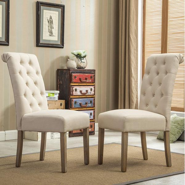 Solid Wood Tufted Fabric Dining Room Chairs Linen Fabric Wooden With Sponge Seat Leisure